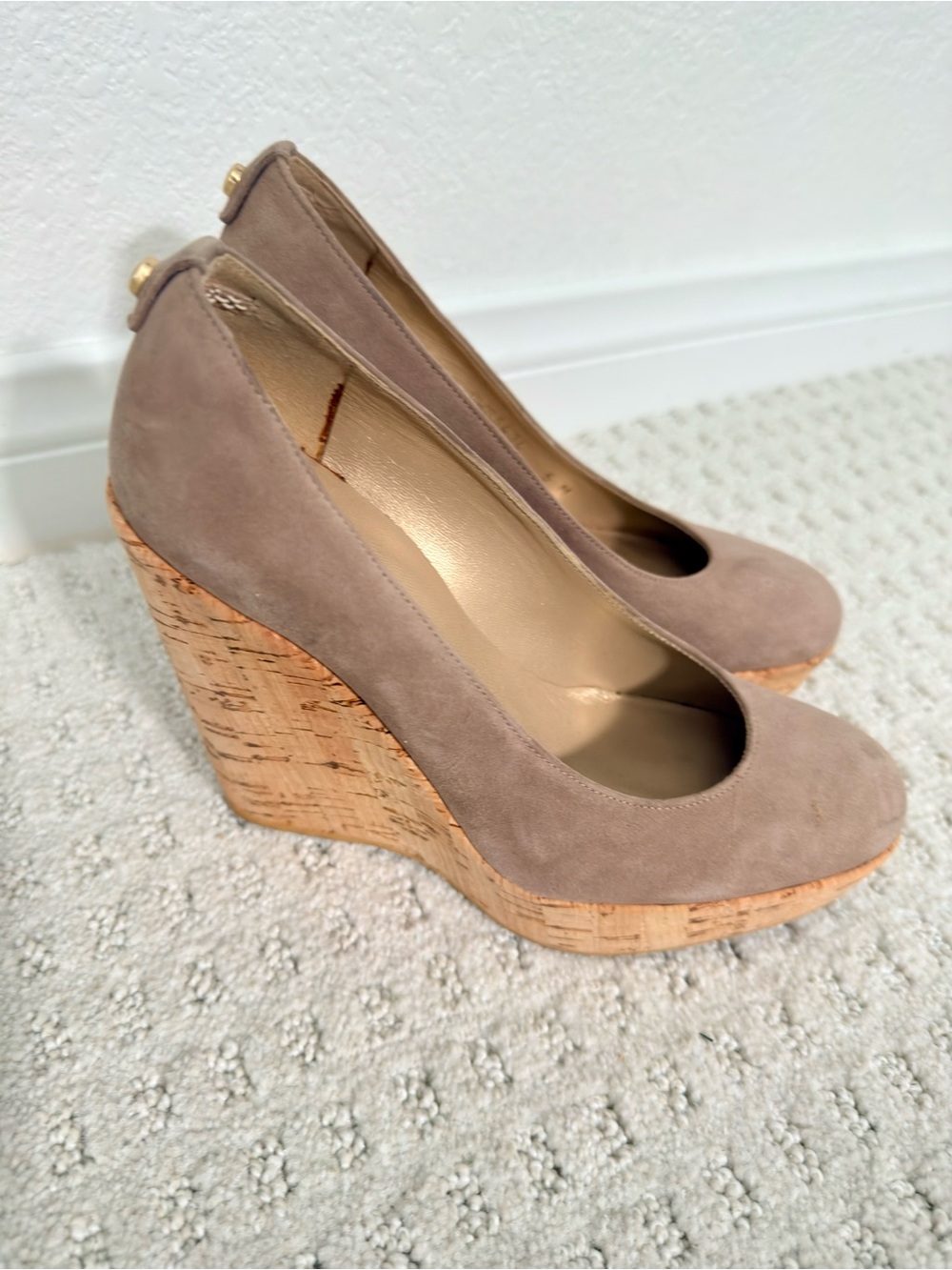 Stuart Weitzman Taupe Suede Cork Wedge Pumps